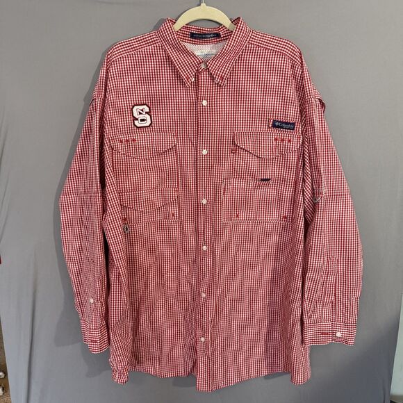 Columbia PFG 4X Super Bonehead NC State Mens Red Checkered Vented Tailgate Shirt - Picture 3 of 12